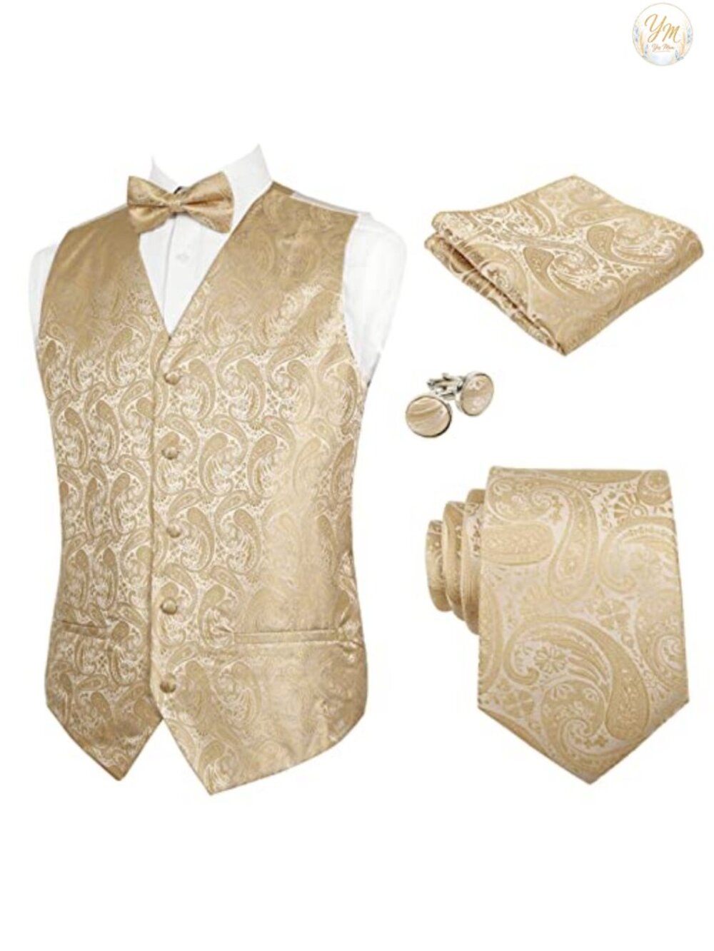 Men's 5-Piece Paisley Vest Set with Bow Tie Necktie Pocket Square Cufflinks